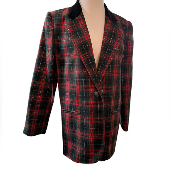 Vintage Wool Blend Tartan Plaid Velvet Collar Sag Harbor Single-breasted Blazer - Picture 1 of 6